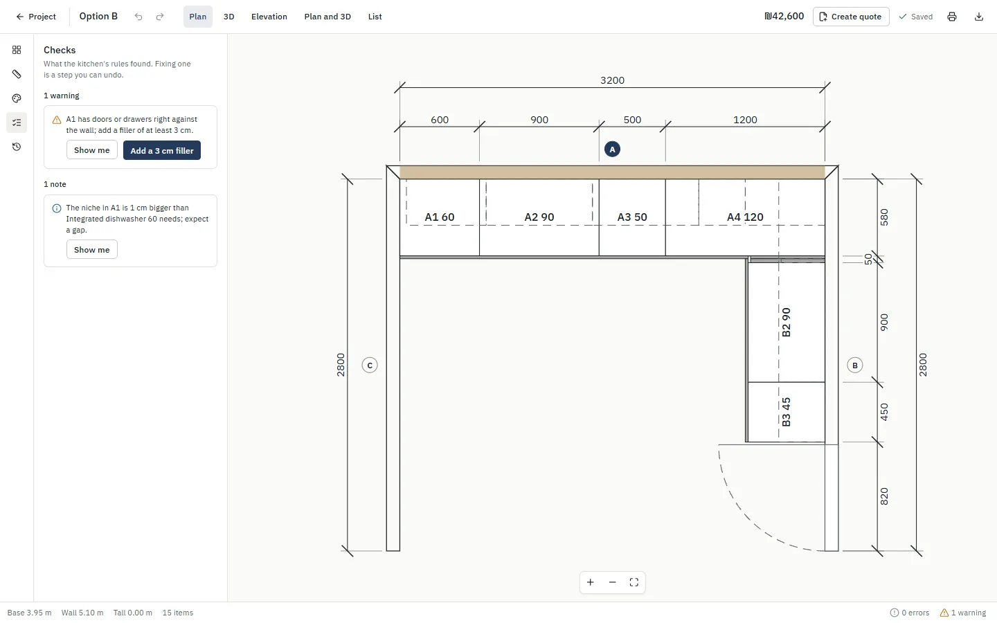 The checks panel listing a warning, its reason and a fix.