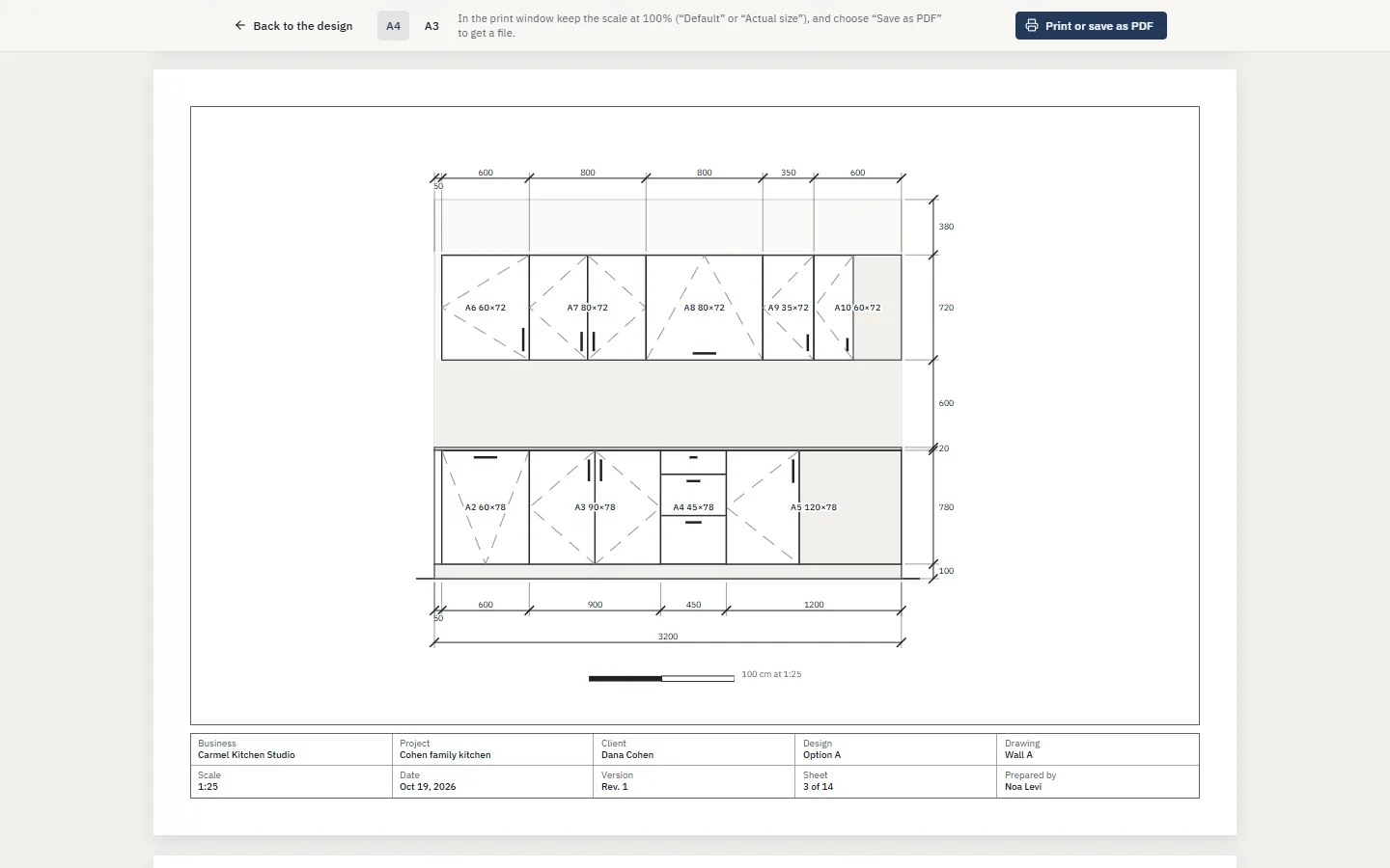 A sheet of the drawings pack: a wall elevation with its dimensions.