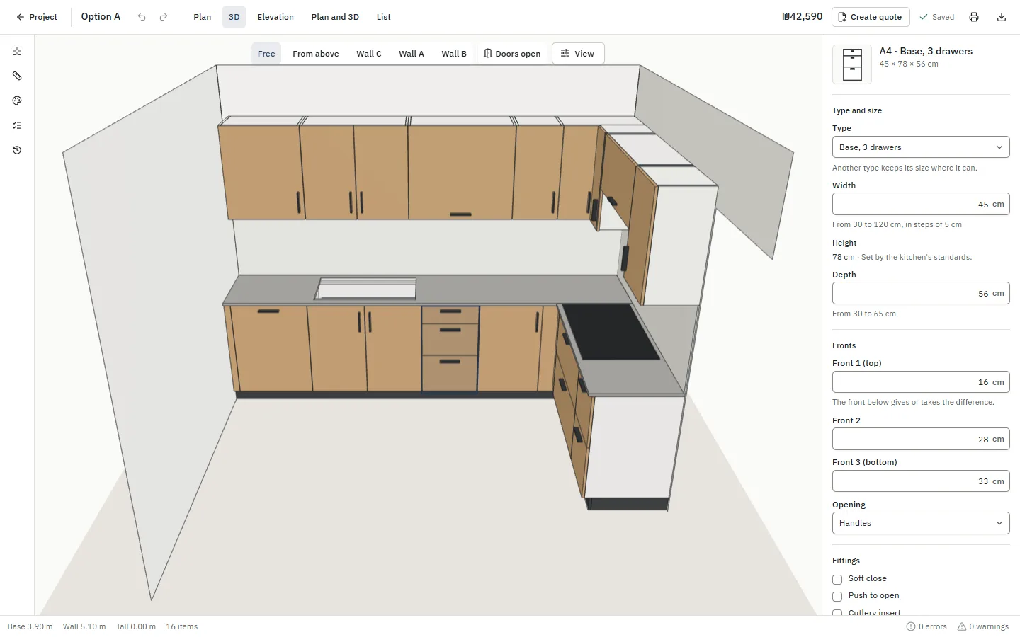 The TruePlinth editor: an L-shaped kitchen in 3D, with the chosen cabinet's sizes in the panel beside it.