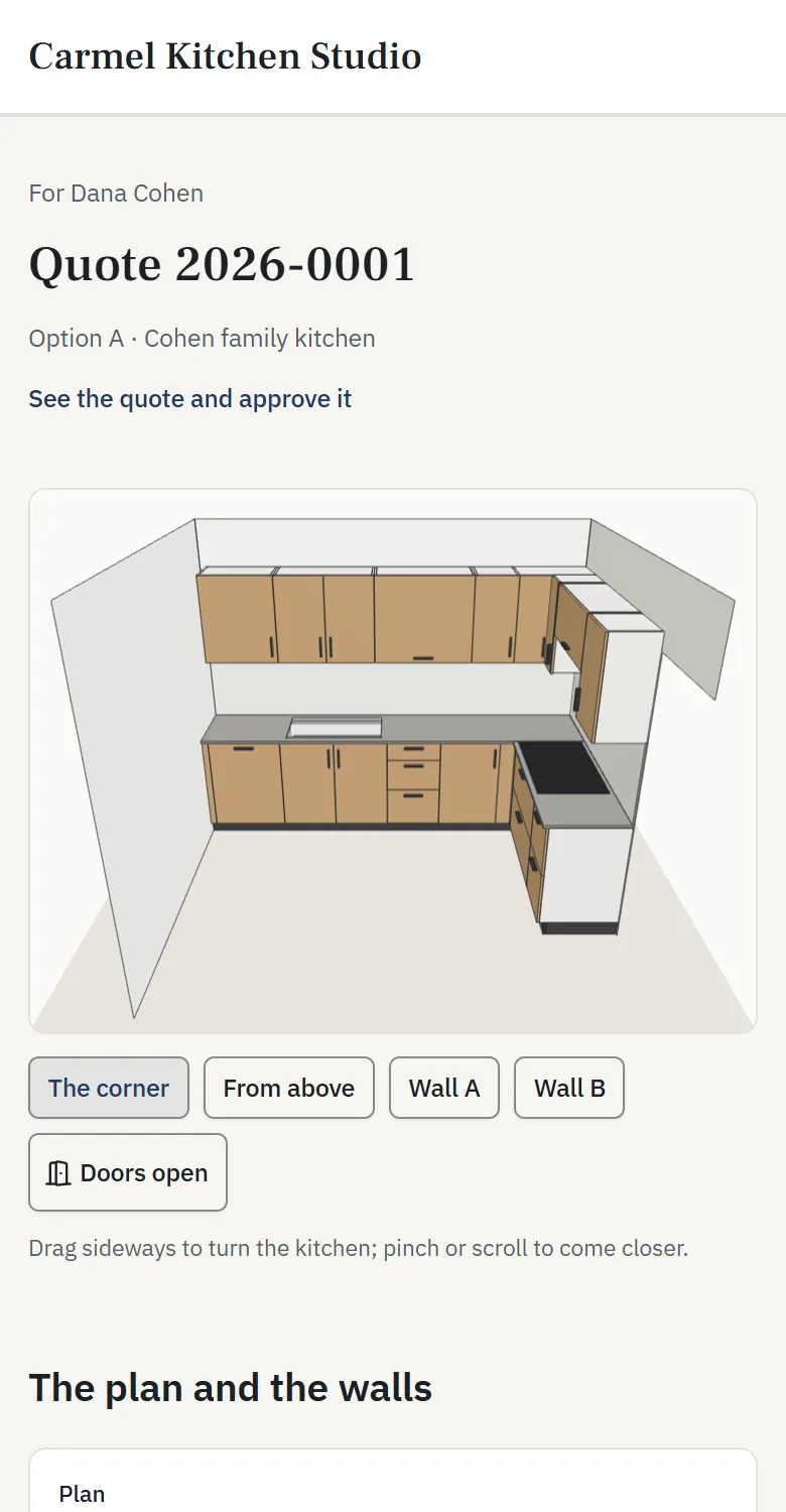 A client's phone showing the kitchen in 3D above the quote and its approval.