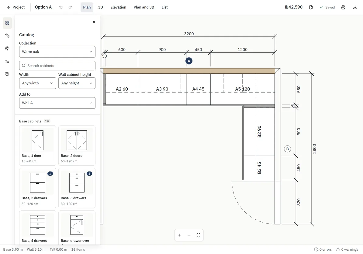 The editor on a tablet, with the catalog open beside the plan.